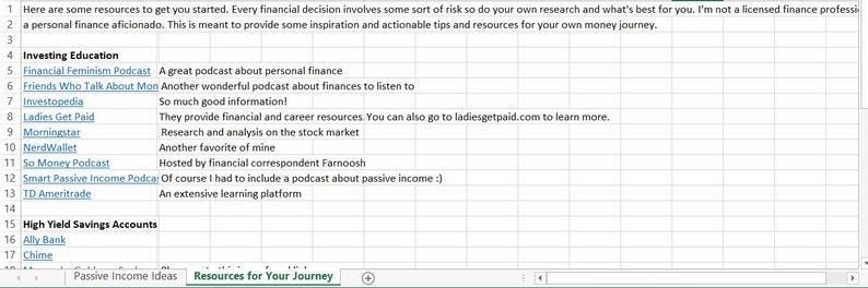 Op de afbeelding: Een spreadsheet met een lijst van bronnen voor persoonlijke financi&euml;n, waaronder podcasts, websites en financi&euml;le instellingen. De spreadsheet heeft de titel "Resources for Your Journey" en bevat categorie&euml;n zoals "Investeringsonderwijs", "Hoogrentende spaarrekeningen" en "Idee&euml;n voor passief inkomen".