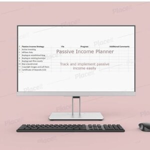 Op de afbeelding: Een computerscherm waarop een witte spreadsheet wordt weergegeven met de titel "Passive Income Planner" en de tekst "Track and implement passive income easily". De spreadsheet heeft kolommen voor "Passive Income Strategy", "Via", "Progress" en "Additional Comments".