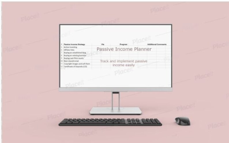 Op de afbeelding: Een computerscherm waarop een witte spreadsheet wordt weergegeven met de titel "Passive Income Planner" en de tekst "Track and implement passive income easily". De spreadsheet heeft kolommen voor "Passive Income Strategy", "Via", "Progress" en "Additional Comments".