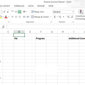 Op de afbeelding: Een spreadsheet met de titel "Passive Income Strategy" en kolommen met de labels "Via", "Progressie" en "Aanvullende opmerkingen". De spreadsheet somt verschillende strategie&euml;n voor passief inkomen op, zoals actief beleggen, affiliate links, het kopen van een gevestigde blog en het maken van een online cursus.