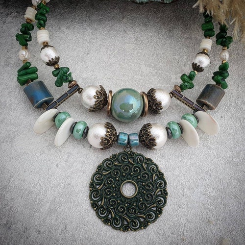 Halskette Boho Set Schmuck Perlen Messing Statement Armband Glamour shops auffallend beeindruckend vornehm elegant schöne Geschenkbox