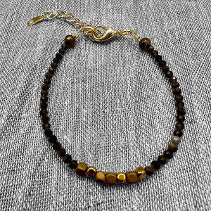 Minimalist beaded bracelet hematite and obsidian beads 14k gold plated adjustable 6 1/4-8 inches