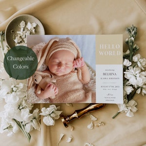 Geburtsankündigung Kartenvorlage 7x5 Querformat mit Foto und Farbe veränderbar Thema Einfache Moderne Minimalistische Schriftart Hello World Hello Baby