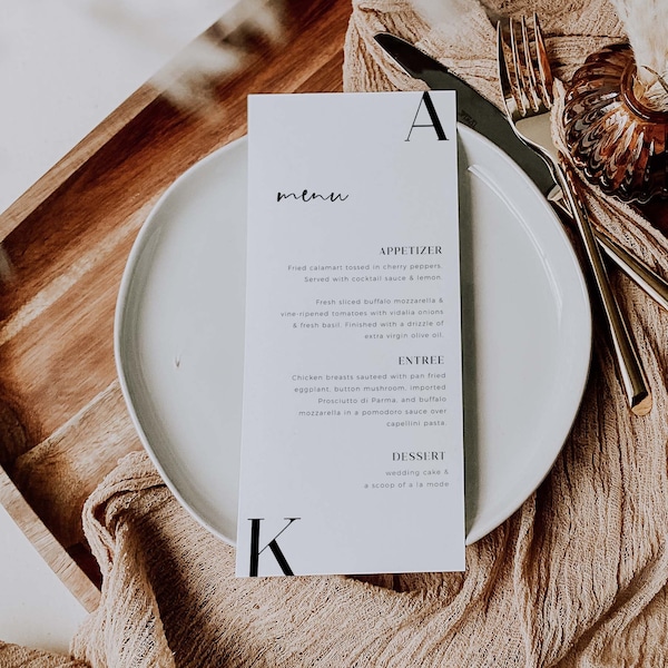 Modern Minimalist Menu with Name Initials For Wedding Reception Party Marriage Celebration | CREMA | Engagement Simplistic Black and White