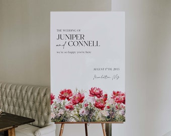 PEONÍA ROJA / Signo de bienvenida de boda Plantilla de póster editable Flores de peonía Floral Elegante Jardín al aire libre Boho País Verano Primavera Tema verde