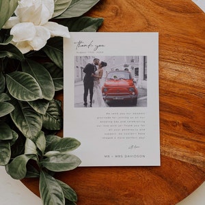 Tarjeta de agradecimiento de boda 5x7 con imagen fotográfica para familiares y amigos Plantilla editable Minimalista moderno Simple Felices para siempre Gracias