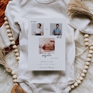 Anuncio de nacimiento minimalista moderno / NACIMIENTO 1 / Anuncio de nacimiento único divertido con mamá y papá es igual a bebé con foto recién nacido