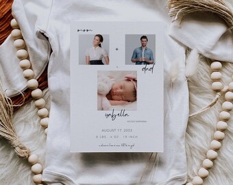 Modern Minimalist Birth Announcement | BIRTH 1 | Funny Unique Birth Announcement with Mom and Dad Equals Baby with Picture Photo Newborn