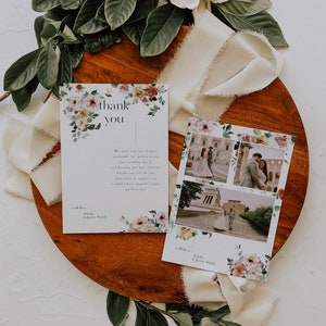 Blumen Hochzeit Dankeskarte mit Bild Foto Collage | JOSS v1 | Eleganter Garten Verzauberte Sommer Thema Dankeschön Karte Bearbeitbare Vorlage
