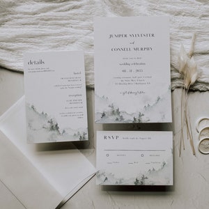 PAINTED FOREST Wedding Invitation Editable Template RSVP Detail Simple Mountain Forest Wilderness Outdoor Twilight National Park Greenery image 7
