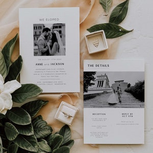 Huwelijksuitnodiging voor schaking Net getrouwd ceremonie met afbeelding en foto Eenvoudige voor- en achterkant met details Moderne minimalistische 5x7 kaart