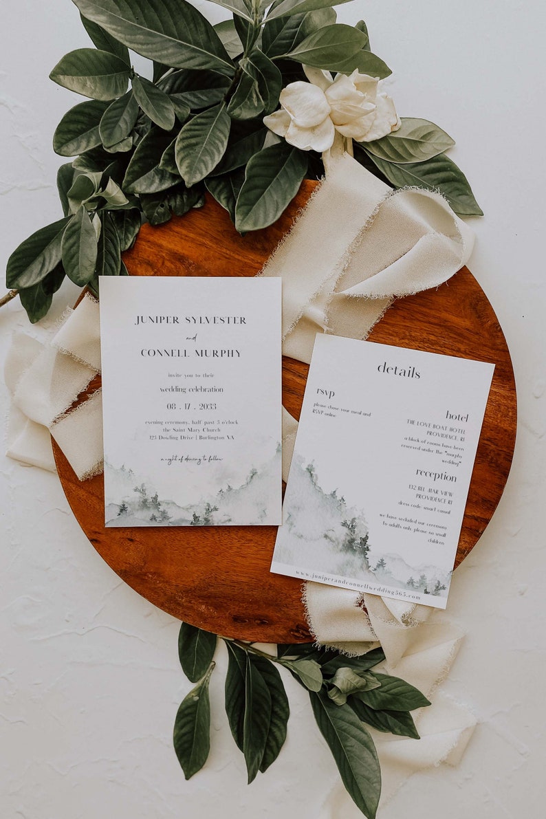 PAINTED FOREST Wedding Invitation Editable Template RSVP Detail Simple Mountain Forest Wilderness Outdoor Twilight National Park Greenery image 2