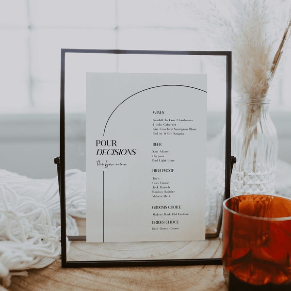 Pour Decisions Bar Menu Editable Template | DUST | Modern Bar Menu Minimalist Industrial Event Banquet Bar Menu Wedding Engagement Template