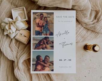 Three Photo Picture Collage Save the Date Wedding Invitation Card Editable Template | DATE 42 | Modern Minimalist Simplistic Rustic Wedding