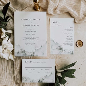 FORÊT PEINTE | Suite d'invitations de mariage Modèle modifiable Cartes de détail RSVP Forêt de montagne Wilderness Outdoor Twilight National Park