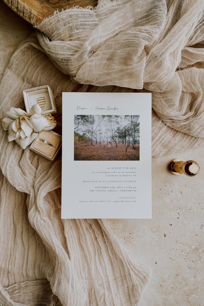Wedding Elopement Announcement Celebratory Reception Invitation with Picture Photo Editable Template Modern Simplistic White Neutral Card image 2
