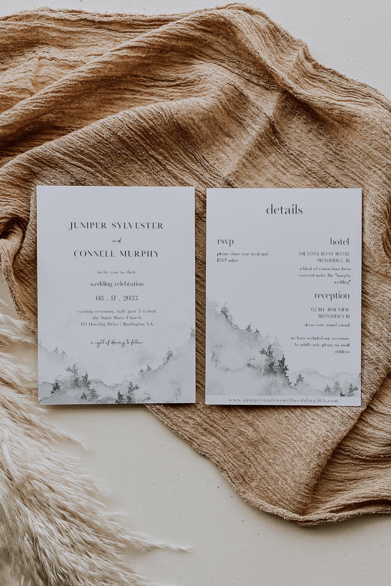 PAINTED FOREST Wedding Invitation Editable Template RSVP Detail Simple Mountain Forest Wilderness Outdoor Twilight National Park Greenery image 4