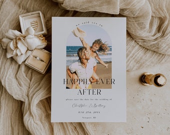 Save the Date Card Template with Photo Arch | DATE 11 | Said Yes to Happily Ever After Modern Simplistic Minimalist Wedding Announcement