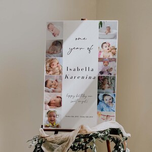 Modello modificabile di collage di immagini del primo anno di dodici mesi per bambino, figlio o figlia, / CREMA / Poster per feste di un anno, minimalista e moderno