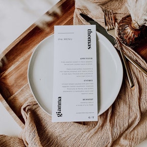 COLE | Edytowalny szablon menu kolacji weselnej z inicjałami imion dla niego i dla niej, panny młodej i pana młodego, spersonalizowany, elegancki, nowoczesny, minimalistyczny motyw