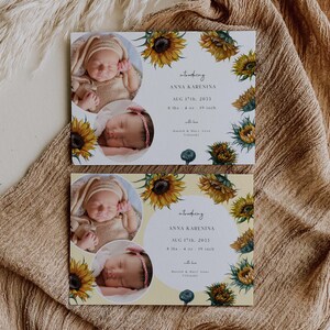 VERMONT / Anuncio de nacimiento de girasol Bienvenido a la familia Nueva tarjeta de bebé con dos fotos agregar imagen Plantilla editable Floral Baby Girl