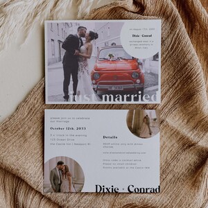 COLE | Just Married Elopement Ankündigung Hochzeitseinladung Editierbare Vorlage Doppelseitige Kartenbilder Fügen Sie mehrere Rahmen mit Details hinzu