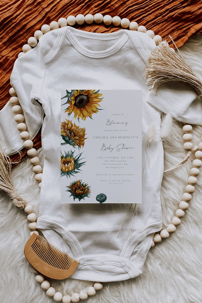 VERMONT Sunflower Country Barn Farm Floral Theme Animal Outdoor Baby Shower Invitation Editable Template for Neutral Baby
