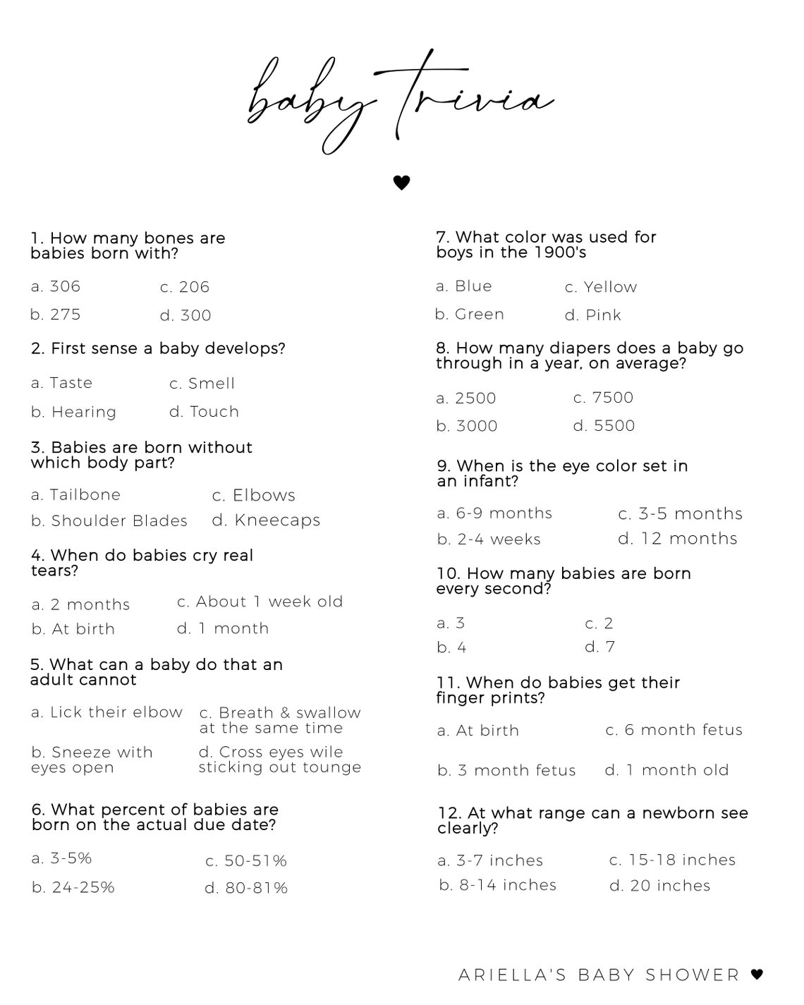 Baby Trivia Fun Baby Shower Game Multiple Choice Guess the Etsy