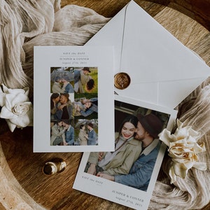 Save the Date bearbeitbare Vorlage mit Foto Bild Collage 7 Foto Hochzeitspaar Fotocollage Minimalistisch Moderne Ankündigung Einzigartige Karte