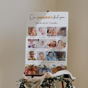May include: A white poster with the text "Our pumpkin's first year" and "Isabella Nicole Chandler" in gold lettering. The poster features twelve photos of a baby girl at different ages, from one month to twelve months, with each photo labelled with the corresponding age. The poster is decorated with a watercolour illustration of pumpkins and flowers at the bottom.