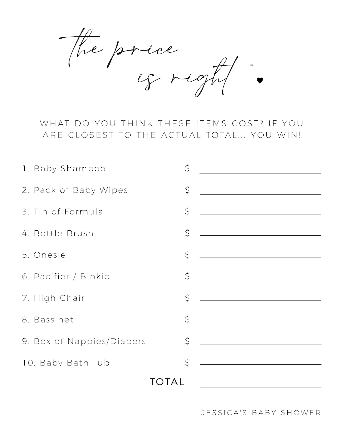 The Price is Right Baby Shower Game Editable Printable Template Modern ...