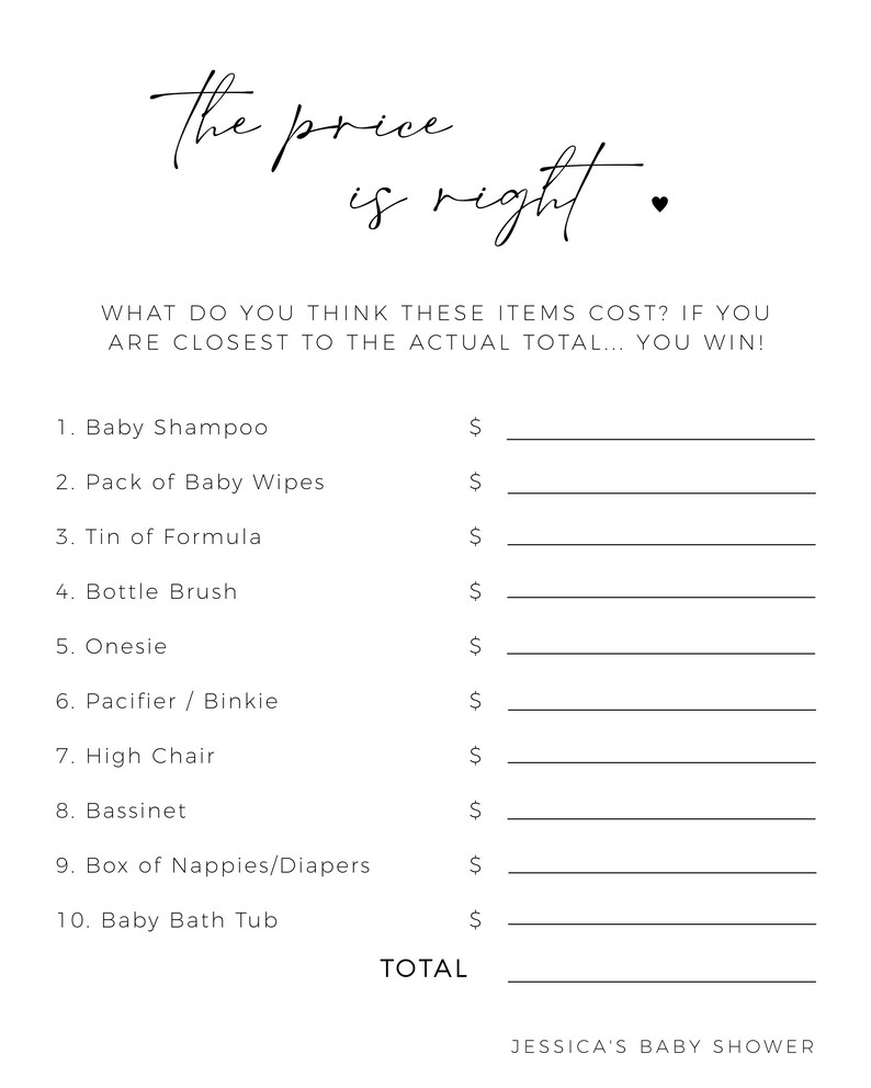 The Price is Right Baby Shower Game Editable Printable Template Modern