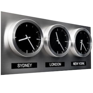 Savvy Stuff Time Zone Clocks-Matte Black & Brushed Stainless Steel Multi Time Zone Clock-Choice of Cities with Time Zone Clocks for the wall
