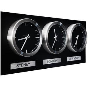 Savvy Stuff Time Zone Clocks-Matte Black & Brushed Stainless Steel Multi Time Zone Clock-Choice of Cities with Time Zone Clocks for the wall