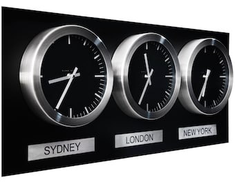 Multi Time Zone Clock: Matte Black & Brushed Stainless Steel Wall Decor