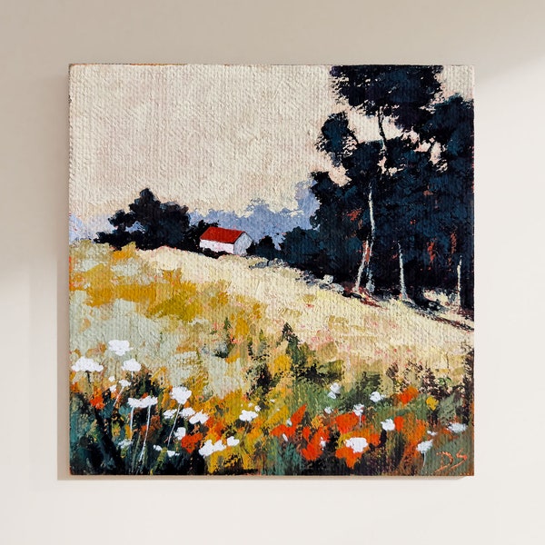 Original Landscape Painting, Original Gouache Painting, Canvas Board Painting, Rural Painting, Unframed Artwork, Nature-Inspired Home Decor