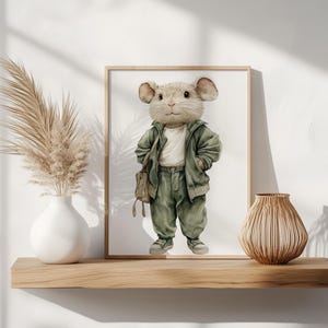 Mole in Green Pants Printable - Hand-Painted Woodland Animal Illustration, Rustic Nursery Wall Art, Adorable Forest Creature 132