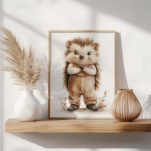 Hedgehog in Overalls Printable - Adorable Hand-Painted Animal Character, Woodland Nursery Wall Art, Rustic Cute Decor for Kids 122