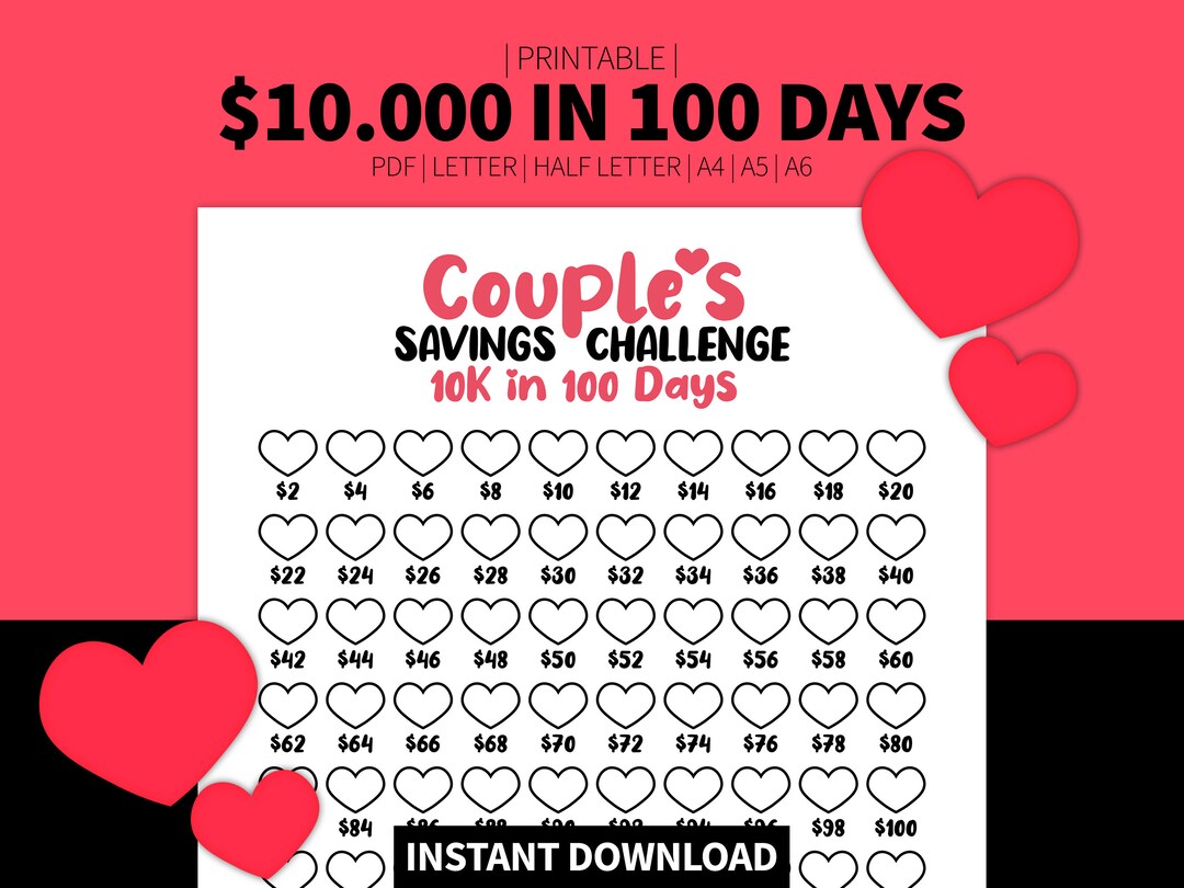 Savings Challenge 10k in 100 Days Couple's Printable Savings