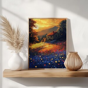 Goldene Stunde Wildblumen Wiese Szene - Warme Sommer Cottage Landschaft, rustikale Natur Wandkunst, erdiges druckbares Blumendekor 62