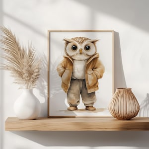 Owl in Jacket Printable - Whimsical Woodland Animal Wall Art, Hand-Painted Nursery Decor, Rustic Forest Character Illustration 124