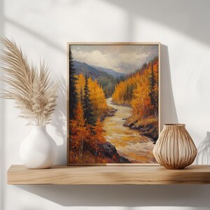 Golden Autumn River Landscape - Fall Forest Scene, Moody Nature Wall Art, Rustic Country Painting, Printable Earthy Decor for Home 28