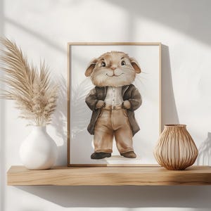 Mole in Pants Printable - Hand-Painted Woodland Animal Wall Art, Rustic Nursery Character Illustration, Cute Forest Decor 123