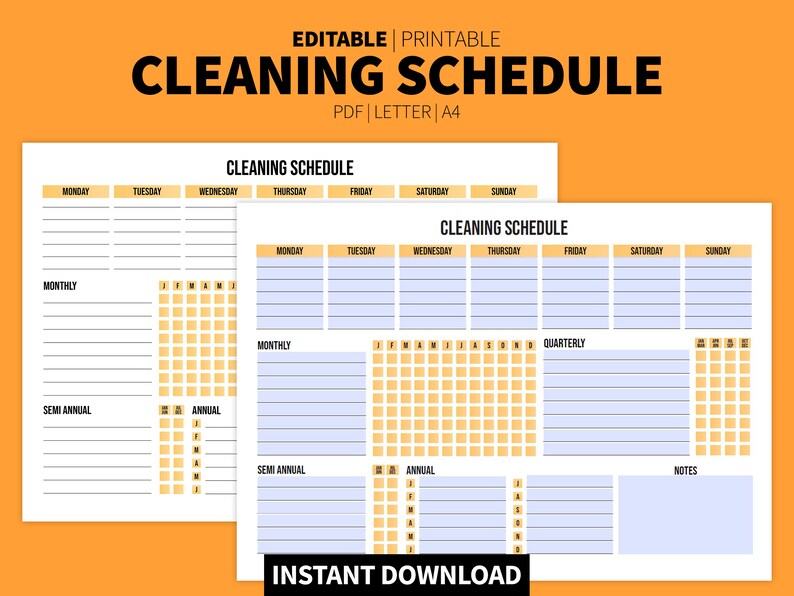 Editable Cleaning Schedule, Weekly, Monthly, Quarterly, Yearly