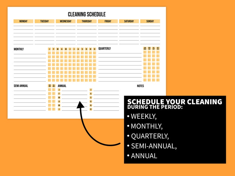 Editable Cleaning Schedule, Weekly, Monthly, Quarterly, Yearly