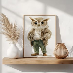 Owl in Jacket and Green Pants Printable - Hand-Painted Woodland Animal Art, Rustic Nursery Decor, Whimsical Forest Owl for Kids 133