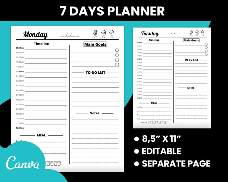 7 Days Planner Canva Template Printable PDF Weekly Planner - Etsy