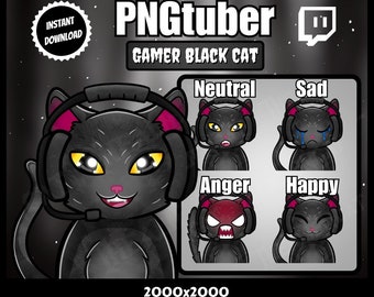 PNGTUBER Gothic Gamer Gatto Nero / Twitch, YouTube, Discord / Kawaii, Sorriso, Triste, Rabbia, Neutro, Coda, Birichino, Miao, Chibi, OBS, Streaming