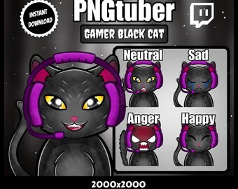 PNGTUBER Gothic Gamer Gatto Nero / Twitch, YouTube, Discord / Kawaii, Sorriso, Triste, Rabbia, Neutro, Coda, Birichino, Miao, Chibi, OBS, Streaming