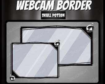 May include: A black and white webcam border with a skull and crossbones design. The text "WEBCAM BORDER" and "SKULL POTION" is displayed at the top of the border. The border is designed for use with a 1920x1080 or 1600x1200 webcam.